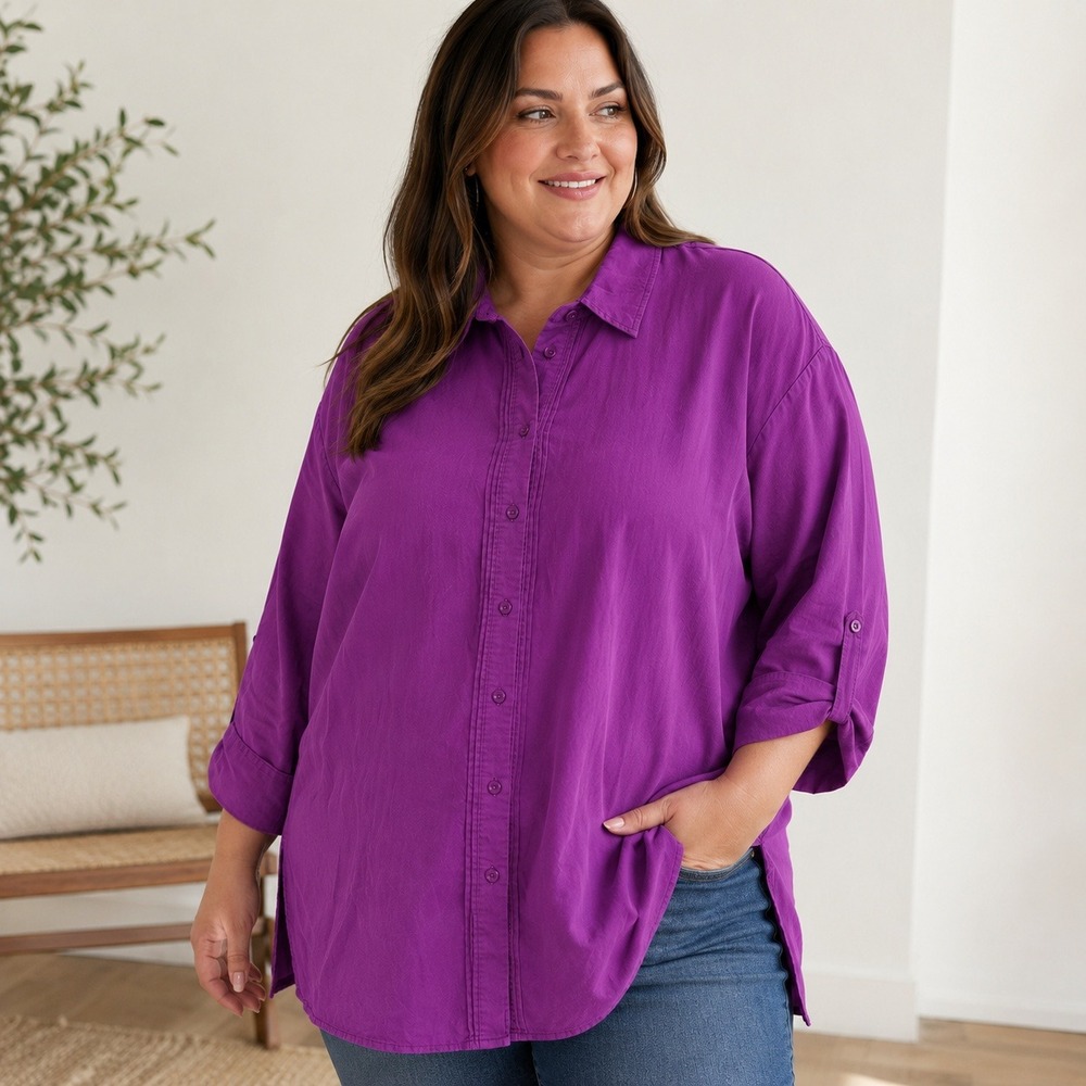 Catherines Magenta Purple Pintuck Roll Tab Tunic Shirt Plus Size 5X 34/36W